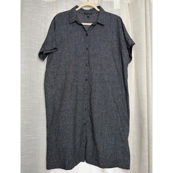 Eileen Fisher Shirt Dress Hemp Organic Cotton Check Short Sleeve Oversized SMALL - Picture 2 of 11